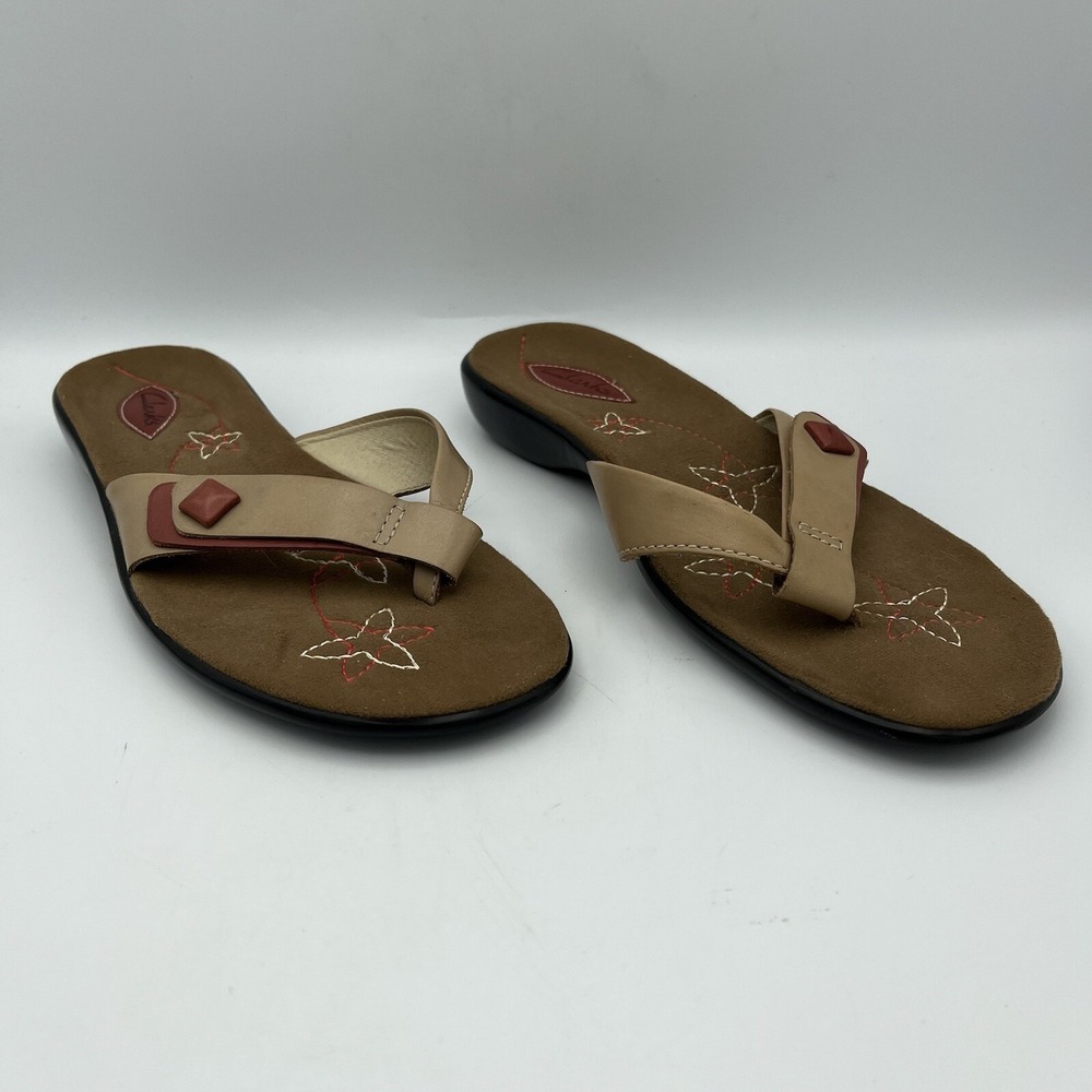 Clarks Sandal Womens 7 M Leather Thong‎ Boho Flip Flop Tan Beige 72503